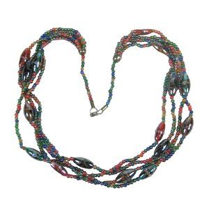 Necklace Glass Beaded 30 inch Multi Strand Jewelry Silvertone Festival Statement